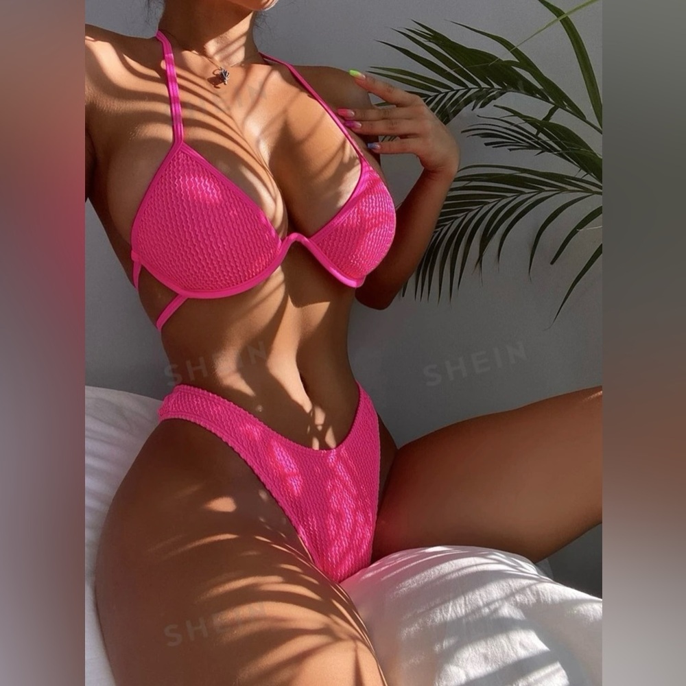 SHEIN Swim Bikinis: Tie-Dye Beach Underwire & Thong Bikini, Pink Textured Bikini - Picture 11 of 14